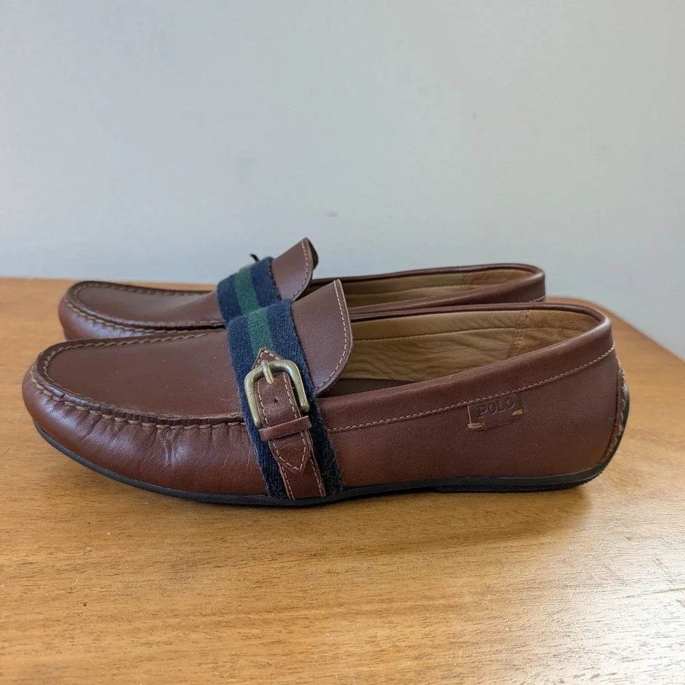 Polo Ralph Lauren Riali Leather Driving Loafers Men's 8D Brown Striped Buckle